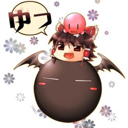 Rule 34 | 1girl, 2others, = =, animal, animal on head, bat wings, blush stickers, bow, character request, creature, crossover, demon wings, discharge cycle, drooling, female focus, fernandez, floating, hair bow, hakurei reimu, kirby, kirby (series), m.u.g.e.n, motion lines, multiple crossover, multiple others, nintendo, no humans, on animal, on head, red bow, sitting on animal, speech bubble, tagme, tobi (discharge cycle), touhou, translation request, waku waku 7, wings, yukkuri shiteitte ne, | |