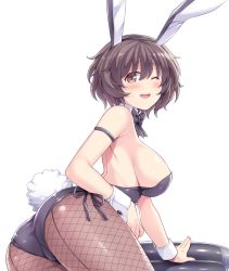 Rule 34 | 10s, 1girl, akiyama yukari, amane hasuhito, animal ears, arm support, armlet, ass, bad id, bad twitter id, bare shoulders, bent over, black bow, black bowtie, black leotard, black pantyhose, blush, bow, bowtie, breasts, brown eyes, brown hair, collar, commentary, detached collar, fake animal ears, fake tail, fishnet pantyhose, fishnets, from behind, girls und panzer, large breasts, leaning forward, leotard, looking at viewer, looking back, messy hair, one eye closed, open mouth, pantyhose, playboy bunny, rabbit ears, rabbit tail, short hair, sideboob, smile, solo, standing, strapless, strapless leotard, tail, thighs, white background, white collar, wrist cuffs