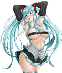 Rule 34 | 1girl, aqua eyes, aqua hair, armpits, arms up, blush, breasts, cleavage, covered erect nipples, detached sleeves, hatsune miku, hip focus, ke-lions so, large breasts, long hair, necktie, nipples, simple background, skirt, solo, thighhighs, twintails, underboob, very long hair, vocaloid, zettai ryouiki