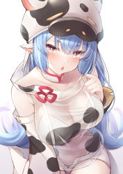 Rule 34 | 1girl, animal print, blue hair, blush, breasts, catura (granblue fantasy), cleavage, commentary request, cow hat, cow print, detached sleeves, ear piercing, granblue fantasy, hat, highres, keima ron, large breasts, long hair, long sleeves, looking at viewer, navel, parted lips, piercing, pointy ears, purple eyes, see-through, simple background, solo, white background
