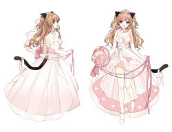 Rule 34 | 1girl, :d, alternate costume, bare legs, bare shoulders, beads, blue eyes, bouquet, breasts, brown hair, cat tail, cleavage, dress, earrings, elbow gloves, fang, flats, flower, from behind, full body, girls&#039; frontline, gloves, hair ornament, heart, heart earrings, heterochromia, highres, holding, holding bouquet, jewelry, bridal garter, leg up, long dress, long hair, looking at viewer, looking back, medium breasts, mk23 (girls&#039; frontline), multicolored hair, multiple views, open mouth, pink eyes, pink flower, pink hair, ribbon, sheska xue, simple background, sleeveless, sleeveless dress, smile, standing, standing on one leg, tail, tail ornament, tail ribbon, thighs, tiara, two-tone hair, two side up, wavy hair, wedding dress, white background, white dress, white footwear, white gloves