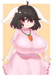 Rule 34 | 1girl, absurdres, ahoge, alternate breast size, animal ears, bad id, bad pixiv id, breasts, brown hair, carrot necklace, curvy, dress, highres, huge breasts, inaba tewi, jewelry, light smile, necklace, no nose, oppai loli, pink dress, rabbit ears, rabbit tail, red eyes, riru neko, short hair, shortstack, solo, tail, taut clothes, taut dress, touhou