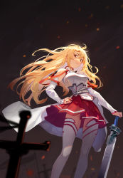 Rule 34 | 1girl, absurdres, armor, asuna (sao), belt, black background, black sky, blonde hair, breastplate, cape, commentary, detached sleeves, feet out of frame, flag, hand on own hip, highres, long hair, looking at viewer, nail polish, orange eyes, parted lips, planted, planted sword, planted weapon, red skirt, shenqi de (9), skirt, sky, sleeves past wrists, smile, solo, sparks, sword, sword art online, thighhighs, waist cape, weapon, white cape, white sleeves, white thighhighs