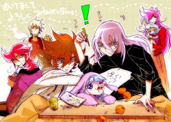 ! 3boys 4girls akira-riku akoes alternate_costume animal_hood black_pants black_shirt blonde_hair blue_eyes brown_hair casshern casshern_(series) casshern_sins chopsticks clenched_teeth closed_mouth commentary_request contemporary dio_(casshern_sins) eating food fruit grey_hair hair_between_eyes hair_over_one_eye haori holding holding_chopsticks hood hood_down hoodie jacket japanese_clothes kotatsu leda_(casshern_sins) long_bangs long_hair long_sleeves looking_at_another luna_(casshern_sins) lyuze mandarin_orange multiple_boys multiple_girls open_mouth pants pink_eyes pink_hair pink_jacket rabbit_hood red_shirt ringo_(casshern_sins) scar scar_across_eye shaded_face shirt short_hair table teeth translation_request upper_body very_long_hair white_hoodie zouni_soup