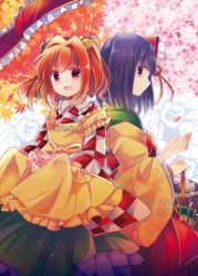 Rule 34 | 2girls, apron, bell, blush, checkered clothes, checkered kimono, cherry blossoms, clothes writing, flower, hair bell, hair flower, hair ornament, hieda no akyuu, japanese clothes, kimono, leaf, long sleeves, looking at viewer, maple leaf, motoori kosuzu, multiple girls, oimoto jirou, open mouth, orange hair, purple eyes, purple hair, red eyes, short hair, smile, touhou, twintails, two side up