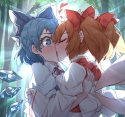 Rule 34 | 2girls, blue bow, blue dress, blue eyes, blue hair, blush, bow, cirno, dress, closed eyes, fairy, fairy wings, french kiss, hair bow, heart, heart-shaped pupils, highres, hug, ice, ice wings, kiss, multiple girls, orange hair, ribbon, senmura, short hair, sunny milk, surprise kiss, surprised, symbol-shaped pupils, touhou, twintails, wings, yuri