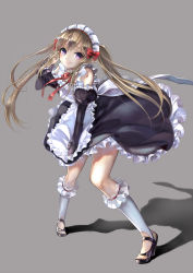 Rule 34 | 10s, 1girl, absurdres, apron, bent over, black dress, blonde hair, dress, elf, grey background, highres, juliet sleeves, long hair, long sleeves, looking at viewer, maid, maid apron, maid headdress, myucel foalan, outbreak company, pisuke, pointy ears, puffy sleeves, purple eyes, smile, solo, twintails, very long hair