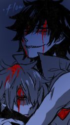Rule 34 | .flow, 1boy, 1girl, bad id, bad pixiv id, blood, copyright name, dark, height difference, hug, kuroha ai, looking at viewer, monochrome, sabitsuki, short hair, smile (.flow), spot color, tattoo
