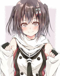 Rule 34 | 1girl, black gloves, black hair, black neckerchief, brown eyes, buttons, commentary request, commission, dairyo3, detached sleeves, double-breasted, elbow gloves, fingerless gloves, gloves, highres, jacket, kantai collection, looking at viewer, neckerchief, scarf, school uniform, sendai (kancolle), sendai kai ni (kancolle), serafuku, simple background, skeb commission, solo, two side up, upper body, white background, white jacket, white scarf