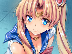 Rule 34 | 1girl, bishoujo senshi sailor moon, blonde hair, blue eyes, bow, breasts, choker, cleavage, commentary request, crescent moon, derivative work, earrings, hair between eyes, hair intakes, hair ornament, jewelry, long hair, looking at viewer, maki (seventh heaven maxion), medium breasts, meme, moon, red bow, red choker, sailor collar, sailor moon, sailor moon redraw challenge (meme), short sleeves, smile, solo, tiara, tile floor, tiles, tsukino usagi, twintails