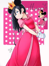 Rule 34 | 1girl, 2023, animal ears, black hair, blue eyes, breasts, cacto art, commentary, disney, dress, earrings, fake animal ears, fake tail, gloves, head tilt, highres, humanization, jewelry, long dress, mickey mouse ears, minnie mouse, mixed media, own hands clasped, own hands together, pink dress, puffy short sleeves, puffy sleeves, reference inset, short sleeves, signature, small breasts, solo, tail, tiara, white gloves