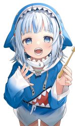Rule 34 | 1girl, absurdres, animal hood, blue eyes, blue hair, blue hoodie, commentary, cowboy shot, fangs, gawr gura, gawr gura (1st costume), hair ornament, highres, holding, holding toothbrush, hololive, hololive english, hood, hoodie, looking at viewer, multicolored hair, open mouth, shark hair ornament, shark hood, sharp teeth, short hair, short twintails, silver hair, simple background, sleeves past wrists, solo, streaked hair, tate yukimi, teeth, toothbrush, twintails, two-tone hair, virtual youtuber, white background