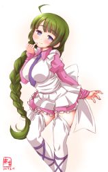 Rule 34 | 1girl, ahoge, apron, artist logo, blue eyes, braid, breasts, canal vorfeed, canal vorfeed (cosplay), commentary request, cosplay, dated, split mouth, dress, feet out of frame, frilled apron, frills, garter straps, green hair, highres, kanon (kurogane knights), kantai collection, large breasts, long hair, looking at viewer, lost universe, mole, mole under mouth, pink dress, pinky out, purple neckwear, simple background, single braid, smile, solo, standing, thighhighs, very long hair, white apron, white background, yuugumo (kancolle)