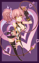 Rule 34 | 10s, 1girl, arched back, argyle, bat wings, black footwear, black gloves, black shorts, black thighhighs, blush, boots, border, bracelet, breasts, choker, cleavage, earrings, evan yang, full body, gem, gloves, granblue fantasy, grin, hair between eyes, hair ornament, heart, heart earrings, highres, holding, holding weapon, idolmaster, idolmaster cinderella girls, jewelry, jougasaki mika, lace-up legwear, leaning forward, long hair, looking at viewer, midriff, pink hair, purple background, shorts, single glove, sleeveless, smile, solo, tattoo, thigh boots, thighhighs, twintails, weapon, whip, wings, yellow eyes