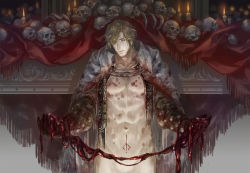Rule 34 | 1boy, abs, alfred (bloodborne), bare pectorals, blonde hair, blood, blood on clothes, blood on hands, bloodborne, candle, cape, chest hair, closed eyes, closed mouth, collarbone, ero guro, fire, fire, guro, highres, holding, holding organ, indoors, male focus, navel, organs, pectorals, pilgrim (silentreverie), ribs, sideburns, skull, solo, white cape
