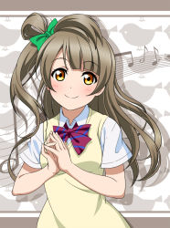 Rule 34 | 10s, 1girl, animal print, bird print, bow, brown eyes, grey hair, hair bow, looking at viewer, love live!, love live! school idol project, minami kotori, musical note, official style, one side up, otonokizaka school uniform, own hands together, quaver, school uniform, smile, solo, standing, takamin apaman