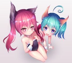 Rule 34 | + +, 1girl, :d, @ @, ahoge, animal ears, ass, bare shoulders, black leotard, blue eyes, blush, child, closed mouth, covered navel, detached collar, dog ears, dress, elin, eneru (enepuni), fang, flat chest, full body, fur-trimmed leotard, fur trim, green eyes, green hair, grey background, hair between eyes, hands on floor, hands up, legs together, leotard, long hair, looking at viewer, nontraditional playboy bunny, open mouth, playboy bunny, red hair, red leotard, seiza, short hair, side ponytail, sitting, smile, solo, strapless, strapless leotard, symbol-shaped pupils, tera online, twintails, wrist cuffs