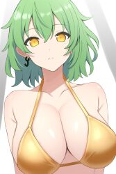 Rule 34 | 1girl, bare shoulders, bikini, breasts, cleavage, closed mouth, collarbone, commentary, earrings, gold bikini, gradient background, green hair, grey background, hair between eyes, highres, hikage (senran kagura), jewelry, large breasts, light frown, looking at viewer, paid reward available, senran kagura, sidelocks, slit pupils, solo, surippa1010, swimsuit, upper body, white background, yellow eyes