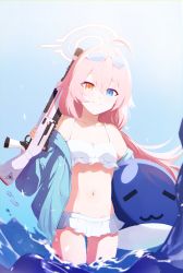 Rule 34 | 1girl, absurdres, ahoge, bare shoulders, bikini, bikini skirt, blue archive, blue eyes, blue jacket, breasts, closed mouth, collarbone, day, eyewear on head, frilled bikini, frills, grim jisoo, gun, halo, heterochromia, highres, holding, holding gun, holding weapon, hoshino (blue archive), hoshino (swimsuit) (blue archive), inflatable toy, inflatable whale, jacket, long hair, long sleeves, looking at viewer, midriff, navel, off shoulder, official alternate costume, open clothes, open jacket, orange eyes, pink hair, shotgun, small breasts, smile, solo, standing, stomach, string bikini, sunglasses, swimsuit, thighs, wading, water, weapon, weapon request, white bikini