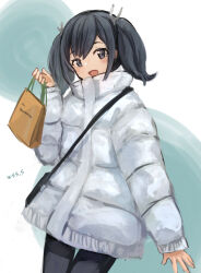 Rule 34 | 1girl, artist name, bag, black hair, black pants, blue eyes, coat, commentary request, cowboy shot, highres, jacket, kantai collection, official alternate costume, pants, shopping bag, smile, solo, souryuu (kancolle), twintails, white jacket, winter clothes, winter coat, wss (nicoseiga19993411)