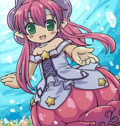 Rule 34 | 1girl, :d, bare shoulders, blush, bubble, emil chronicle online, fumizuki (emil chronicle online), green eyes, long hair, lowres, mizuno mumomo, open mouth, outstretched hand, pink hair, pointy ears, sidelocks, smile, solo, star (symbol), underwater