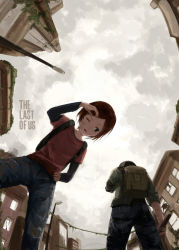 Rule 34 | 1boy, 1girl, adjusting hair, age difference, animification, backpack, bag, brown hair, building, city, cloud, cloudy sky, copyright name, crotch, dirty, ellie (the last of us), from behind, from below, green eyes, hand on own hip, highres, joel (the last of us), looking at another, minamito, one eye closed, open mouth, outdoors, rain, short hair, sky, standing, the last of us, the last of us (series), wink