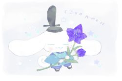 Rule 34 | :3, bellflower, cinnamoroll, closed eyes, flower, gradient background, hat, highres, holding, holding flower, japanese clothes, nishihara isao, no humans, sanrio, smile, solo, star (symbol), tate eboshi, white background