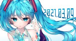 Rule 34 | 1girl, 39, absurdres, aqua eyes, aqua hair, aqua nails, bare shoulders, black sleeves, collared shirt, commentary request, dated, detached sleeves, hair between eyes, hair ornament, hand up, hatsune miku, headphones, highres, long hair, long sleeves, looking at viewer, morino wako, nail polish, parted lips, shirt, simple background, solo, twintails, twitter username, upper body, vocaloid, white background, white shirt