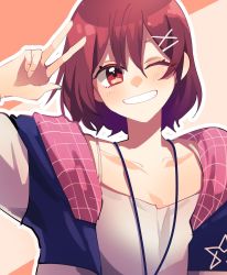 Rule 34 | 1girl, blue jacket, blush, brown eyes, brown hair, camisole, collarbone, commentary, commission, cyberlive, english commentary, hair behind ear, hair ornament, hairclip, hatake, head tilt, highres, jacket, jewelry, looking at viewer, necklace, one eye closed, portrait, sato misaki, second-party source, short hair, skeb commission, smile, solo, v, virtual youtuber, white camisole