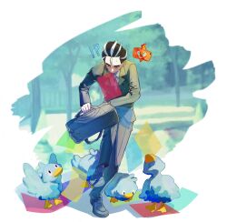 Rule 34 | !?, 1boy, absurdres, bag, black hair, collared shirt, commentary request, creatures (company), ducklett, game freak, gen 4 pokemon, gen 5 pokemon, highres, holding, holding bag, jacket, larry (pokemon), leg up, long sleeves, looking down, male focus, mouth hold, multicolored hair, necktie, nintendo, pants, pokemon, pokemon (creature), pokemon sv, rotom, rotom phone, saboten (mxbx3e9tki4qx6g), shirt, shoes, short hair, standing, standing on one leg, two-tone hair