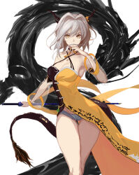 1girl arched_back arknights arm_up armpits bare_shoulders black_dress breasts choker crossed_legs detached_sleeves dragon dragon_girl dragon_horns dragon_tail dress eastern_dragon feet_out_of_frame grey_hair hair_between_eyes hair_intakes hair_over_mouth highres holding holding_sword holding_weapon horns jewelry kara_(tds) long_hair looking_at_viewer micro_shorts o-ring pendant see-through_clothes see-through_sleeves shorts small_breasts solo standing sword tail talulah_(arknights) thigh_gap two-tone_dress weapon white_background yellow_dress