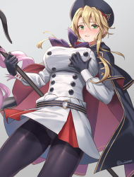 Rule 34 | 1girl, artist name, artoria caster (fate), artoria caster (second ascension) (fate), artoria pendragon (fate), black gloves, blonde hair, blush, braid, breasts, buttons, cuboon, double-breasted, dutch angle, fate/grand order, fate (series), french braid, gloves, gluteal fold, green eyes, grimace, hair between eyes, hand on own chest, large breasts, looking at viewer, panties, panties under pantyhose, pantyhose, pantyshot, sidelocks, solo, staff, thighs, twitter username, underwear, uniform, white background