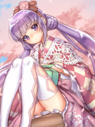 Rule 34 | 1girl, alternate costume, alternate hairstyle, argyle, bad id, bad pixiv id, blush, bow, cherry blossoms, expressionless, flower, folks (nabokof), hair bow, hair flower, hair ornament, japanese clothes, kimono, long hair, looking at viewer, pink bow, pink skirt, purple eyes, purple hair, skirt, solo, sophie (tales), tales of (series), tales of graces, thighhighs, twintails, white thighhighs, zettai ryouiki