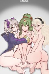 Rule 34 | 3girls, akutom (etgd4378), ass, barefoot, birthmark, black coat, blonde hair, blush, bow, breasts, brown eyes, cleavage, closed mouth, coat, corrin (fire emblem), eyelashes, feet, fire emblem, fire emblem awakening, fire emblem fates, fire emblem if, functionally nude, gold trim, green eyes, green hair, grey hair, hair between eyes, hair bow, hair ornament, hair ribbon, hairband, headgear, hip bones, hip focus, kneeling, large breasts, lips, lipstick, long bangs, long hair, looking at viewer, looking back, makeup, multiple girls, navel, nintendo, nude, parted bangs, pointy ears, ponytail, red eyes, ribbon, robin (female) (fire emblem), robin (fire emblem), smile, soles, swept bangs, thighs, tiki (fire emblem), toes, twintails, white background