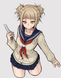 Rule 34 | 10s, 1girl, blue sailor collar, blue skirt, blunt bangs, blush, boku no hero academia, brown hair, cardigan, closed mouth, collarbone, cropped legs, double bun, from above, grey background, grey cardigan, hair bun, hand up, holding, long sleeves, looking at viewer, looking up, miniskirt, naga1047, neckerchief, pleated skirt, red neckerchief, sailor collar, sanpaku, short hair, simple background, skirt, smile, solo, standing, toga himiko, tsurime, yellow eyes