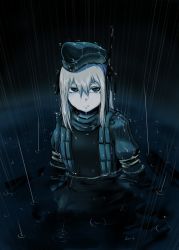 Rule 34 | 10s, 1girl, blue eyes, colored skin, crying, crying with eyes open, garrison cap, hat, kantai collection, long hair, looking at viewer, ocean, partially submerged, rain, grey eyes, silver hair, snorkel, solo, streaming tears, tears, toritora, u-511 (kancolle), wet, wet clothes, white skin