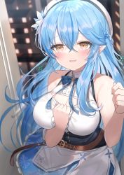 Rule 34 | 1girl, absurdres, ahoge, bad id, bad twitter id, bare arms, bare shoulders, blue hair, blue skirt, blurry, blurry background, blush, braid, breasts, cleavage cutout, clothing cutout, commentary request, corset, elf, flower, hair between eyes, hair flower, hair ornament, half updo, hand on own chest, hands up, hat, highres, hololive, indoors, large breasts, long hair, looking at viewer, parted lips, pointy ears, print skirt, shiohana, shirt, skirt, sleeveless, sleeveless shirt, smile, snowflake print, solo, very long hair, virtual youtuber, white hat, white shirt, window, yellow eyes, yukihana lamy