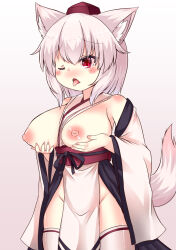 1girl animal_ear_fluff animal_ears blush body_blush breasts commentary_request cowboy_shot detached_sleeves fang grabbing_own_breast gradient_background grey_background hat highres inubashiri_momiji japanese_clothes karasuma_amiru kimono kourindou_tengu_costume large_breasts nipples obi one_eye_closed raised_eyebrows red_eyes red_hat red_sash sash short_hair skin_fang sleeveless sleeveless_kimono solo tail thighhighs tokin_hat tongue tongue_out touhou variant_set white_background white_hair white_kimono white_sleeves white_thighhighs wolf_ears wolf_girl wolf_tail