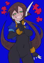 Rule 34 | 1girl, absurdres, aile (mega man zx), arm under breasts, black bodysuit, blue background, blue jacket, blush, bodysuit, bodysuit under clothes, breasts, brown hair, buzzlyears, commentary, covered collarbone, covered navel, cropped jacket, faux traditional media, finger to mouth, glowing, green eyes, highres, jacket, large breasts, long hair, looking at viewer, mega man (series), mega man zx, mega man zx advent, no pants, open clothes, open jacket, ponytail, robot ears, sharp teeth, simple background, smug, solo, teeth