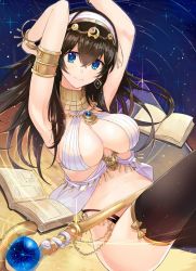 Rule 34 | 1girl, armlet, armpits, arms up, ashita (2010), bad id, bad twitter id, bare shoulders, black hair, black legwear, blue eyes, book, bracelet, breasts, chain, circlet, cleavage, commentary request, detached collar, earrings, egyptian clothes, hair between eyes, hairband, halterneck, hip focus, idolmaster, idolmaster cinderella girls, jewelry, large breasts, long hair, looking at viewer, necklace, night, night sky, open book, pendant, pyramid (structure), sagisawa fumika, sky, smile, solo, staff, star (sky), starry sky, thighs