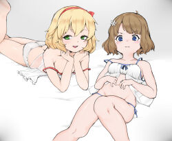 Rule 34 | 2girls, ahoge, ass, barefoot, bed, bed sheet, blonde hair, blue eyes, blush, breasts, brown hair, camisole, check commentary, collarbone, commentary request, flower, green eyes, hair between eyes, hair flower, hair ornament, hairband, half-closed eyes, hands on own stomach, head on hand, idolmaster, idolmaster cinderella girls, idolmaster million live!, leg up, legs, linnkou, looking at viewer, lying, multiple girls, navel, on back, on bed, on stomach, open mouth, panties, red hairband, sakurai momoka, seductive smile, see-through camisole, short hair, side-tie panties, sidelocks, small breasts, smile, stomach, strap slip, string panties, suou momoko, thighs, underwear, v-shaped eyebrows, wavy hair, wavy mouth, white camisole, white panties