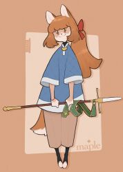 Rule 34 | 1girl, animal ears, blue shirt, bow, brown background, brown eyes, brown hair, commentary, dog ears, dog girl, dog tail, drop shadow, english commentary, full body, hair bow, highres, holding, holding polearm, holding weapon, long hair, maple (tealst), original, polearm, ponytail, red bow, shirt, solo, spear, standing, tail, tealst, weapon