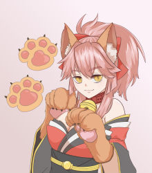 Rule 34 | 1girl, animal ear fluff, animal ears, animal hands, artist request, bare shoulders, bell, breasts, cat paws, cleavage, collar, detached sleeves, fate/grand order, fate (series), fox ears, fox girl, gloves, hair ribbon, highres, japanese clothes, jingle bell, kimono, large breasts, long hair, looking at viewer, neck bell, paw gloves, pink hair, ponytail, red kimono, red ribbon, ribbon, solo, tamamo (fate), tamamo cat (fate), tamamo cat (first ascension) (fate), yellow eyes