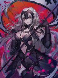 Rule 34 | 1girl, absurdly long hair, antenna hair, armor, armored dress, artist name, banner, black dress, black gloves, black thighhighs, breasts, cleavage, clothing cutout, collarbone, cowboy shot, dress, fate/grand order, fate (series), faulds, floating hair, fur trim, gloves, green eyes, hair between eyes, hayanpool, headpiece, holding, jeanne d&#039;arc (fate), jeanne d&#039;arc alter (avenger) (fate), jeanne d&#039;arc alter (avenger) (third ascension) (fate), jeanne d&#039;arc alter (fate), large breasts, long hair, midriff, navel, navel cutout, silver hair, smile, solo, standing, stomach, thighhighs, very long hair