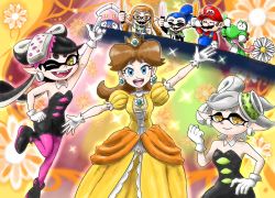 Rule 34 | 2boys, 4girls, arms up, black hair, brown hair, callie (splatoon), creatures (company), crown, dress, earrings, fangs, flower, flower earrings, game freak, gem, gen 6 pokemon, gloves, grin, hand on own hip, hands up, happy, hat, inkay, inkling player character, jewelry, leg up, lights, looking at viewer, marie (splatoon), mario, mario (series), mask, multiple boys, multiple girls, nintendo, one eye closed, open mouth, orange eyes, orange hair, pantyhose, pokemon, pokemon (creature), princess daisy, short hair, skirt, smile, splatoon (series), super mario land, super smash bros., tentacle hair, tongue, white gloves, white hair, wink, yellow dress, yoshi