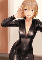 Rule 34 | 1girl, black bodysuit, bodysuit, breasts, brown eyes, brown hair, cleavage, closed mouth, commentary request, hair between eyes, hand on own head, highres, indoors, kilye kairi, latex, latex suit, light smile, looking at viewer, medium breasts, mole, mole under eye, original, shiny clothes, short hair, skin tight, solo, standing, unzipped, zipper