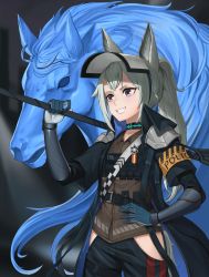 Rule 34 | 1girl, absurdres, animal ears, arknights, bad id, bad pixiv id, clothing cutout, commentary, english commentary, grani (arknights), grey hair, grin, highres, hip vent, holding, holding weapon, horse, horse ears, horse girl, horse tail, mekolee, police, police uniform, policewoman, purple eyes, shoulder guard, smile, solo, tail, thigh cutout, uniform, weapon