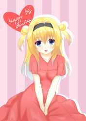 Rule 34 | 1girl, :d, black hairband, blonde hair, blue eyes, blush, breasts, breasts squeezed together, chitose sana, collarbone, commentary, cowboy shot, dated, double bun, dress, eyelashes, eyes visible through hair, hair between eyes, hair bun, hair intakes, hairband, happy, happy birthday, heart, highres, hirocchi, long dress, long hair, looking at viewer, open mouth, purple background, red dress, short sleeves, sidelocks, small breasts, smile, solo, standing, straight-on, straight hair, striped, striped background, tenshinranman, two side up, v arms
