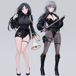 Rule 34 | 2girls, baton (weapon), black gloves, black hair, black legwear, black leotard, black skirt, blush, boots, breasts, chowbie, cleavage, closed mouth, cuffs, fingerless gloves, full body, gloves, grey background, grey hair, grey legwear, hair between eyes, handcuffs, highres, knee boots, large breasts, leotard, long hair, long sleeves, looking at viewer, multiple girls, original, pantyhose, parted lips, pouch, simple background, skirt, smile, standing, thigh pouch, thigh strap, thighs, weapon, white gloves, yellow eyes