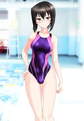 Rule 34 | 1girl, absurdres, black hair, blurry, bob cut, brown eyes, competition swimsuit, cowboy shot, depth of field, girls und panzer, highres, huge filesize, kawashima momo, lane line, lifeguard chair, looking at viewer, multicolored clothes, multicolored swimsuit, one-piece swimsuit, pool, poolside, purple one-piece swimsuit, short hair, solo, swimsuit, takafumi